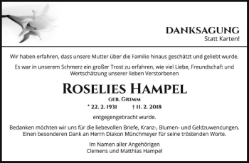 Traueranzeige von Roselies Hampel von  Kreisanzeiger