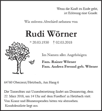Traueranzeige von Rudi Wörner von Trauerportal Rhein Main Presse