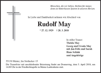 Traueranzeige von Rudolf May von Trauerportal Rhein Main Presse