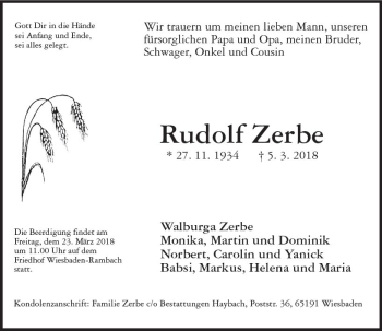Traueranzeige von Rudolf Zerbe von Trauerportal Rhein Main Presse