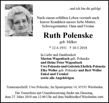 Traueranzeige von Ruth Polenske von Trauerportal Rhein Main Presse