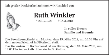 Traueranzeige von Ruth Winkler von Trauerportal Rhein Main Presse
