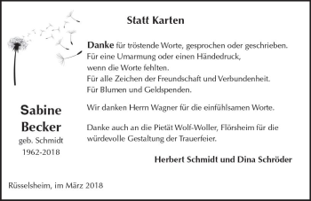 Traueranzeige von Sabine Becker von Trauerportal Rhein Main Presse