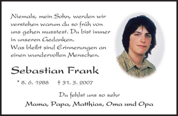 Traueranzeige von Sebastian Frank von Trauerportal Rhein Main Presse