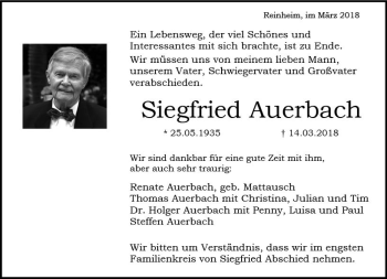 Traueranzeige von Siegfried Auerbach von Trauerportal Rhein Main Presse