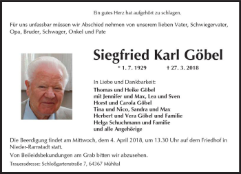 Traueranzeige von Siegfried Karl Göbel von Trauerportal Rhein Main Presse