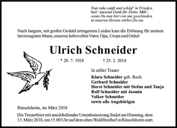 Traueranzeige von Ulrich Schneider von Trauerportal Rhein Main Presse