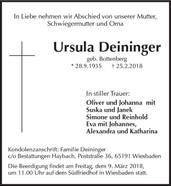 Traueranzeige von Ursula Deininger von Trauerportal Rhein Main Presse