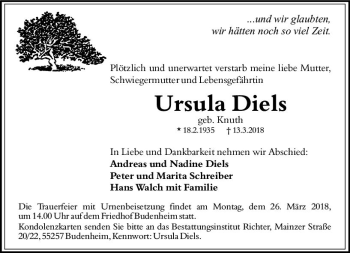 Traueranzeige von Ursula Diels von Trauerportal Rhein Main Presse