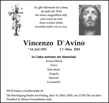 Traueranzeige von Vincenzo D´Avino von Trauerportal Rhein Main Presse