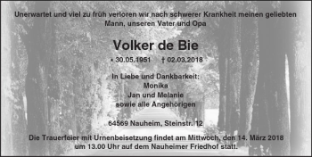 Traueranzeige von Volker de Bie von Trauerportal Rhein Main Presse