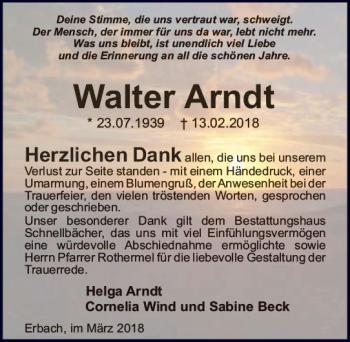 Traueranzeige von Walter Arndt von Trauerportal Rhein Main Presse