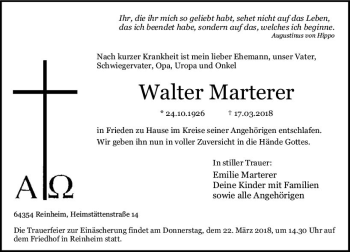 Traueranzeige von Walter Marterer von Trauerportal Rhein Main Presse