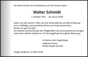 Traueranzeige von Walter Schmidt von  Kreisanzeiger
