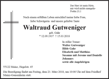 Traueranzeige von Waltraud Gutweniger von Trauerportal Rhein Main Presse
