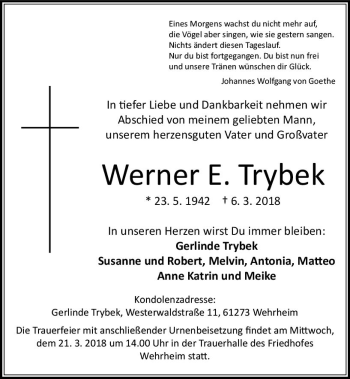 Traueranzeige von Werner E. Trybek von  Usinger Anzeiger