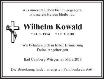 Traueranzeige von Wilhelm Kowald von  Camberger Anzeiger