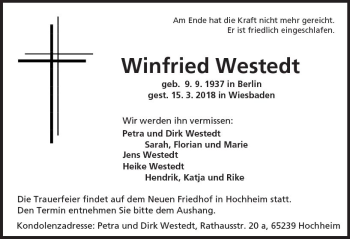Traueranzeige von Winfried Westedt von Trauerportal Rhein Main Presse