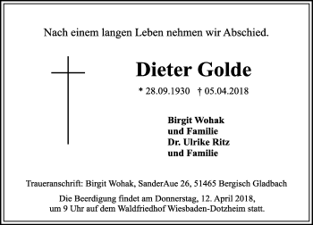 Traueranzeige von Dieter Golde von VRM Tageszeitungen