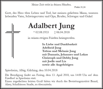 Traueranzeige von Adalbert Jung von Trauerportal Rhein Main Presse