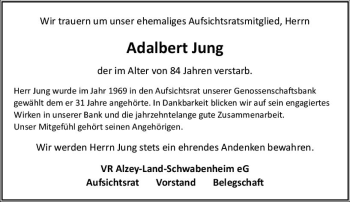 Traueranzeige von Adalbert Jung von Trauerportal Rhein Main Presse