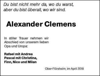 Traueranzeige von Alexander Clemens von Trauerportal Rhein Main Presse