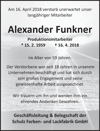 Traueranzeige von Alexander Funkner von Trauerportal Rhein Main Presse