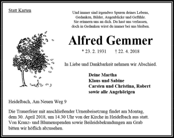 Traueranzeige von Alfred Gemmer von VRM Trauer