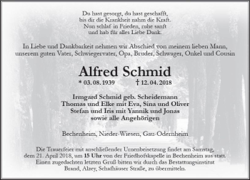 Traueranzeige von Alfred Schmid von Trauerportal Rhein Main Presse