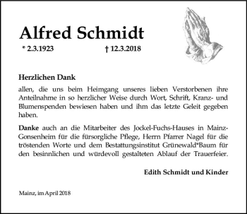 Traueranzeige von Alfred Schmidt von Trauerportal Rhein Main Presse