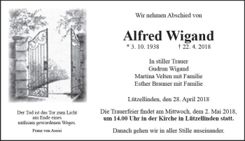 Traueranzeige von Alfred Wigand von  Gießener Anzeiger