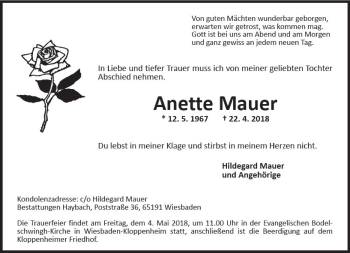 Traueranzeige von Anette Mauer von Trauerportal Rhein Main Presse