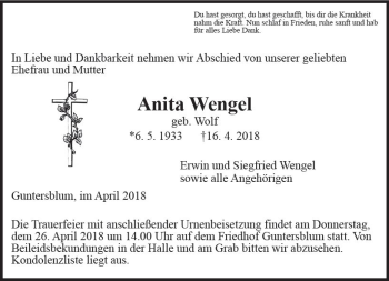 Traueranzeige von Anita Wengel von Trauerportal Rhein Main Presse