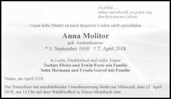 Traueranzeige von Anna Molitor von Trauerportal Rhein Main Presse