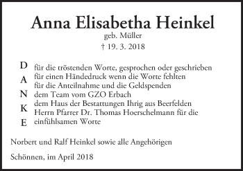 Traueranzeige von Anna Elisabetha Heinkel von Trauerportal Rhein Main Presse