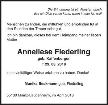 Traueranzeige von Anneliese Fiederling von Trauerportal Rhein Main Presse