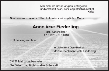 Traueranzeige von Anneliese Fiederling von Trauerportal Rhein Main Presse