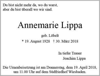 Traueranzeige von Annemarie Lippa von Trauerportal Rhein Main Presse