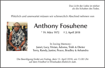 Traueranzeige von Anthony Fosuhene von Trauerportal Rhein Main Presse