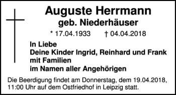 Traueranzeige von Auguste Herrmann von  Usinger Anzeiger