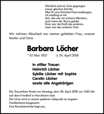 Traueranzeige von Barbara Löcher von Trauerportal Rhein Main Presse