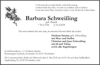 Traueranzeige von Barbara Schweißing von Trauerportal Rhein Main Presse