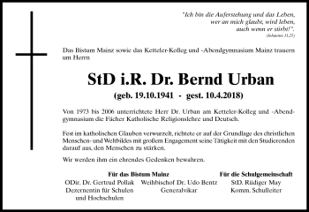 Traueranzeige von Bernd Urban von Trauerportal Rhein Main Presse