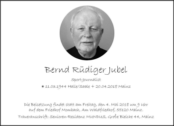 Traueranzeige von Bernd Rüdiger Jubel von Trauerportal Rhein Main Presse