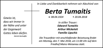 Traueranzeige von Berta Tumaitis von Trauerportal Rhein Main Presse