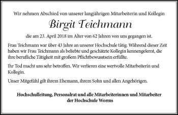 Traueranzeige von Birgit Teichmann von Trauerportal Rhein Main Presse
