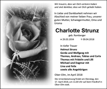 Traueranzeige von Charlotte Strunz von Trauerportal Rhein Main Presse
