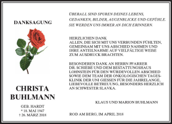 Traueranzeige von Christa Buhlmann von  Usinger Anzeiger