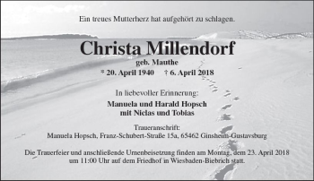Traueranzeige von Christa Millendorf von Trauerportal Rhein Main Presse