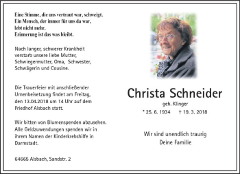 Traueranzeige von Christa Schneider von Trauerportal Rhein Main Presse